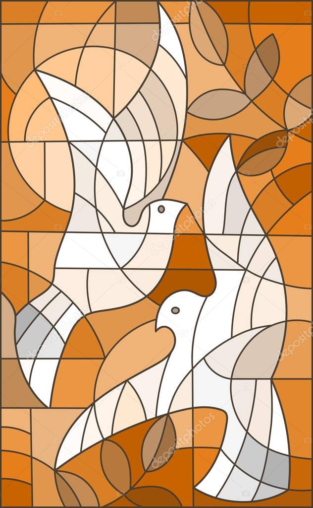 Illustration in stained glass style with abstract pigeons, the sun and branches,tone brown