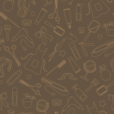 Dikişsiz desen Berber Dükkanı, araçları ve aksesuarları Kuaför konulu bej kahverengi zemin üzerinde kıvrımlarına.