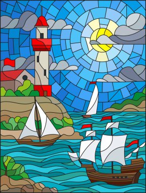 Gün bulut gökyüzü güneş ve deniz arka planda bir deniz feneri ile örnek vitray tarzı Deniz Manzaralı, üç gemi ve kıyı