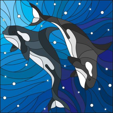 Vitray su ve hava kabarcıkları arka plan üzerinde iki balina ile tarzı çizimi
