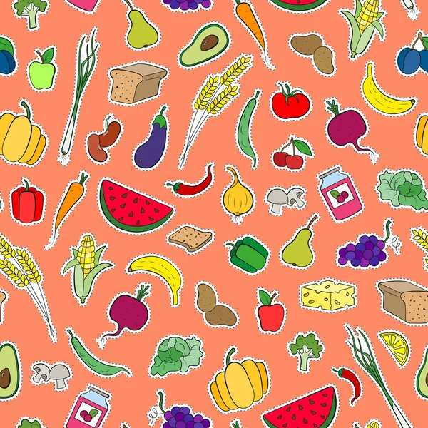 Fundo sem costura sobre o tema do vegetarianismo, ícones simples, manchas sinais de comida em um fundo laranja —  Vetores de Stock