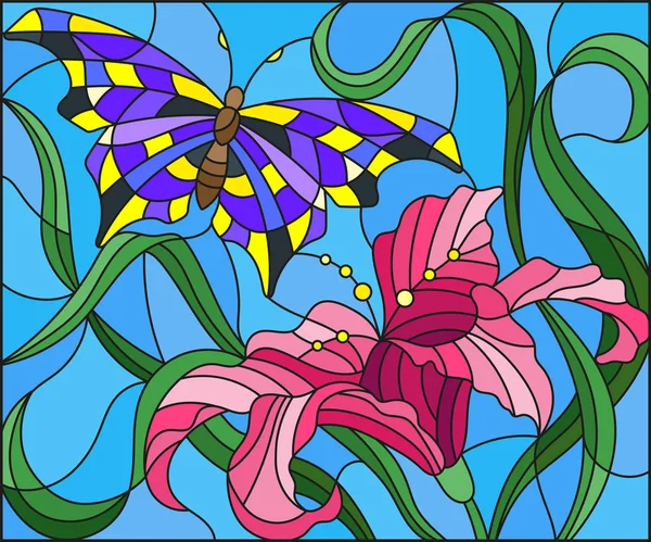 Εικονογράφηση στο λεκιασμένο γυαλί στυλ με φωτεινά πεταλούδα ενάντια σε τον ουρανό, το φύλλωμα και το λουλούδι του κρίνου — Διανυσματικό Αρχείο