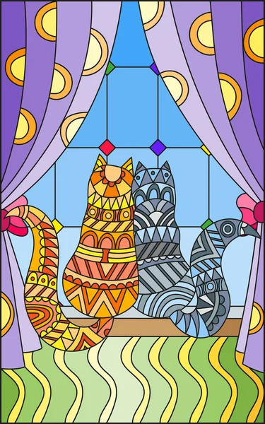 Ilustrasi di jendela bergaya kaca patri dengan tirai dan dua kucing di jendela - Stok Vektor