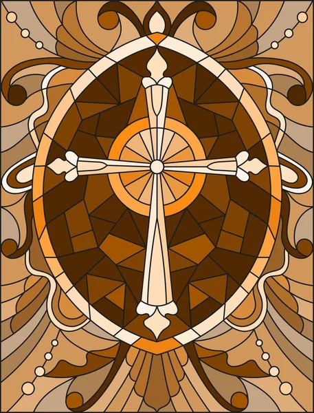 Ilustración de vidrieras con una cruz en el cielo y flores, tono marrón, Sepia — Vector de stock