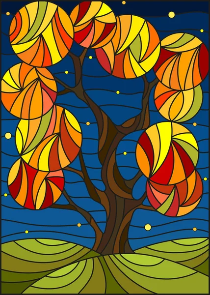 Ilustración en estilo vitral con árbol otoñal sobre fondo celeste con las estrellas — Vector de stock