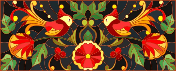 Ilustración en estilo vitral con un par de pájaros, flores y patrones sobre un fondo oscuro, imagen horizontal, la imitación de la pintura Khokhloma — Vector de stock