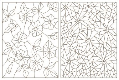 Vitray tarzı, soyut çiçekler, beyaz bir arka plan üzerinde koyu anahat set kontur resimlerde