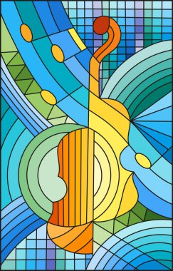 Vitray tarzı konuyla ilgili illüstrasyon müzik, soyut bir keman geometrik arka plan üzerinde şekil