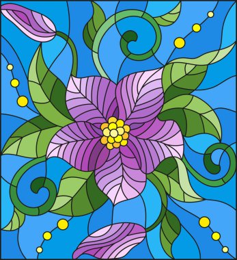 Vitray stil soyut mor çiçekli resimde tomurcukları ve mavi bir arka plan üzerinde bırakır