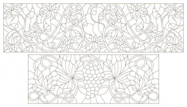 Vitray soyut swirls, üzüm ve çiçek, yatay yönlendirme ile kontur çizimleri ayarla