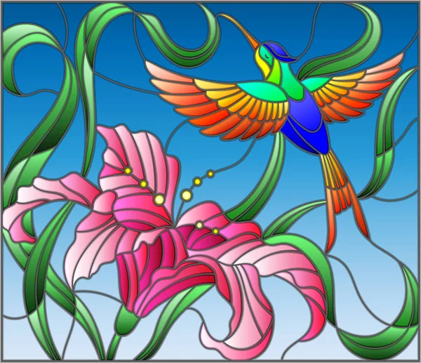 Ilustración en estilo vidriera con colibrí brillante contra el cielo, follaje y flor de Lily — Archivo Imágenes Vectoriales