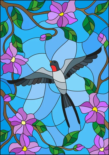 插图在彩色玻璃风格与一只燕子在背景上的蓝色的天空和开花树木枝丫 — 图库矢量图片