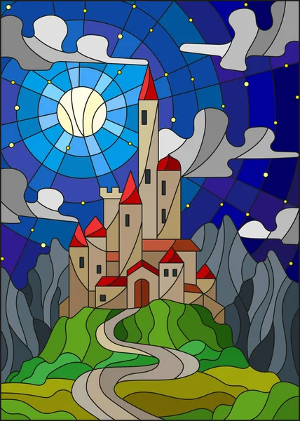 Ilustración en paisaje de estilo vidriera con antiguo castillo en el fondo de la Luna, cielo estrellado y montañas — Vector de stock