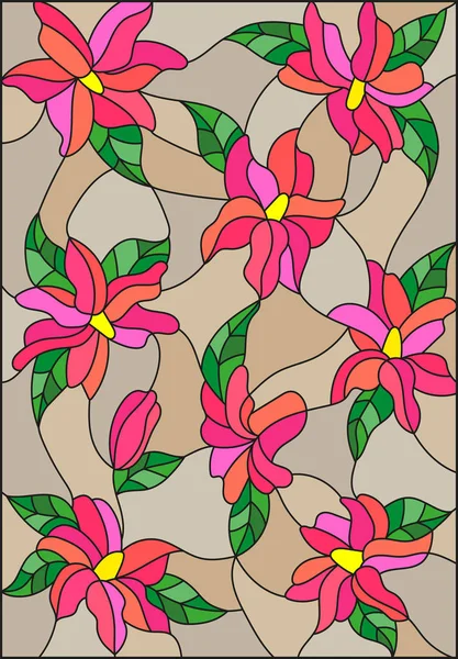 Иллюстрация в стиле витража с переплетенными розовыми лилиями и листьями на коричневом фоне — стоковый вектор