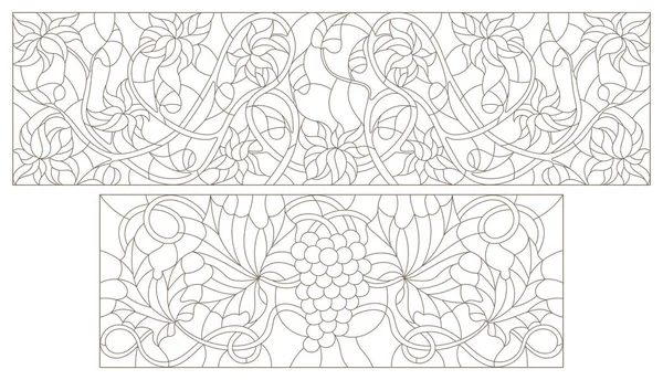 Série d'illustrations de contour de vitraux avec tourbillons abstraits, raisins et fleurs, orientation horizontale — Image vectorielle