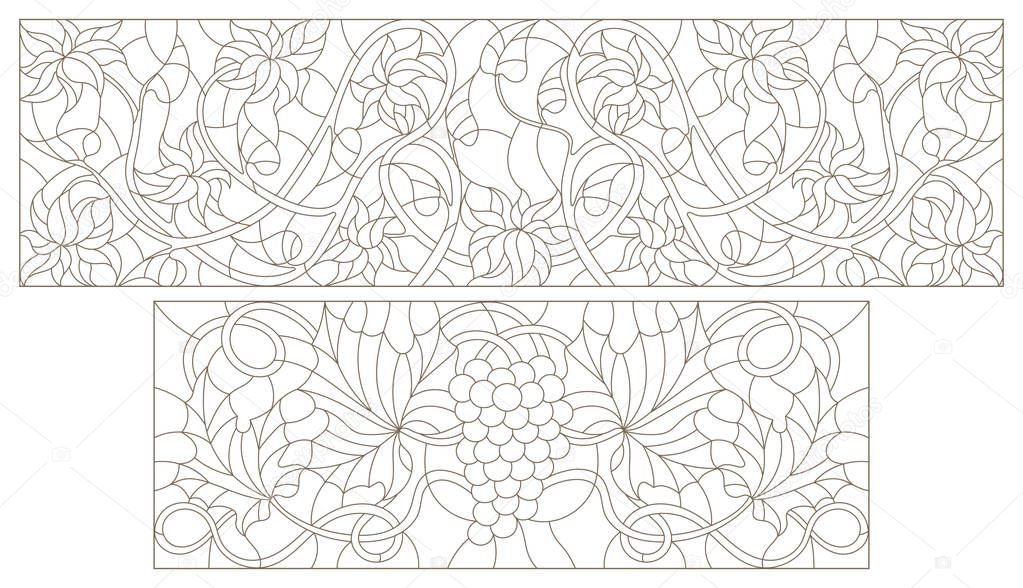 Set contour illustrations of stained glass with abstract swirls , grapes and flowers , horizontal orientation