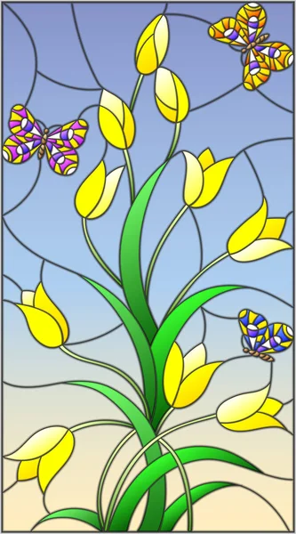 Ilustración en el estilo de vidrieras con cogollos amarillos tulipanes y mariposas de colores sobre un fondo celeste — Vector de stock