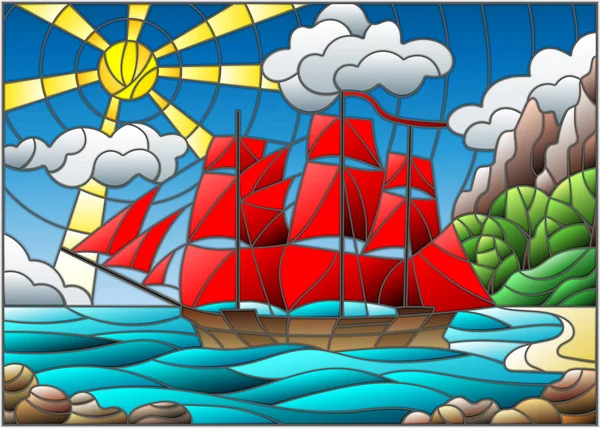 Ilustración en estilo vitral con veleros con velas rojas contra el cielo, el mar y el amanecer — Vector de stock