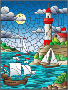 Gün bulut gökyüzü güneş ve deniz arka planda bir deniz feneri ile örnek vitray tarzı Deniz Manzaralı, üç gemi ve kıyı