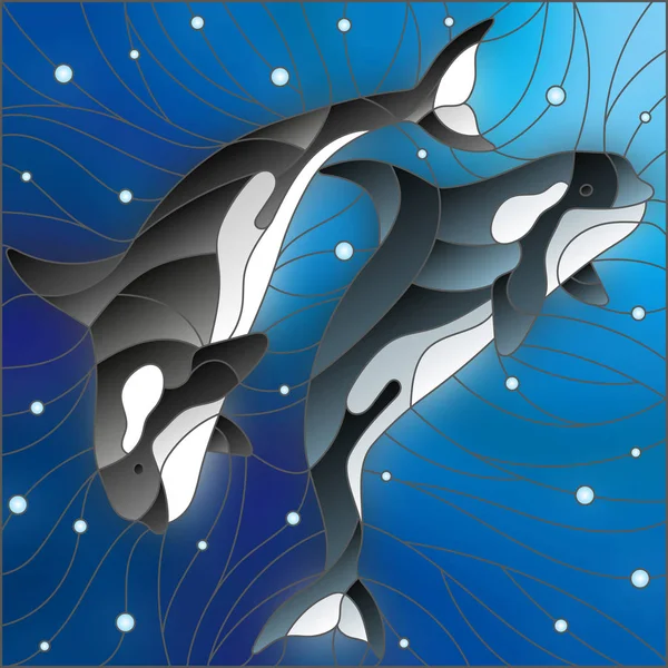 Illustrazione nello stile di vetrate con due balene sullo sfondo di acqua e bolle d'aria — Vettoriale Stock