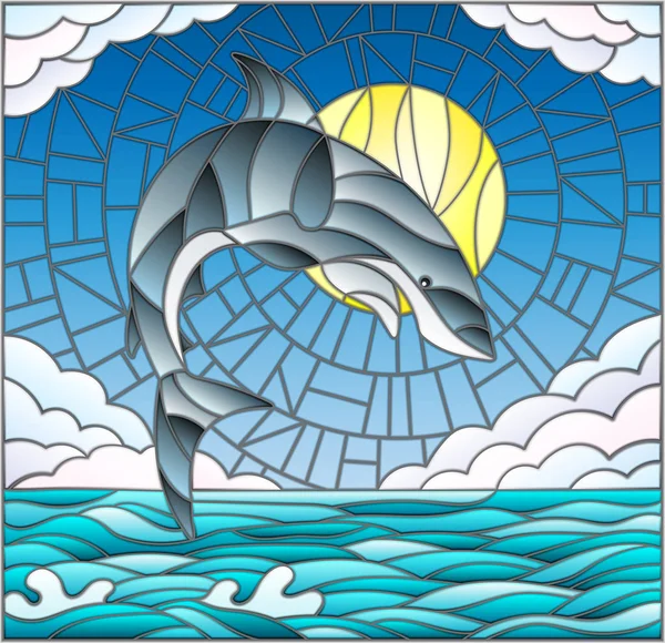 Ilustración en estilo vitral con un tiburón sobre el fondo de agua, nube, cielo y sol — Vector de stock