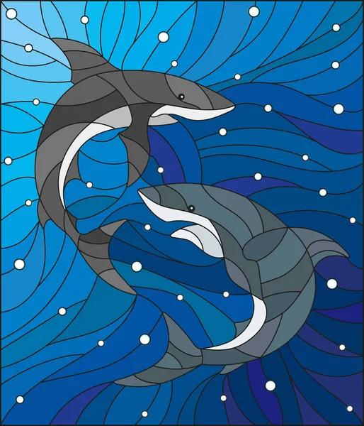水と空気の泡の背景に 2 つのサメとステンド グラスのスタイルの図 — ストックベクタ