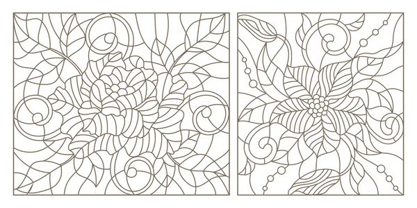 Установите контурные иллюстрации в стиле витража, абстрактные цветы, темный контур на белом фоне — стоковый вектор