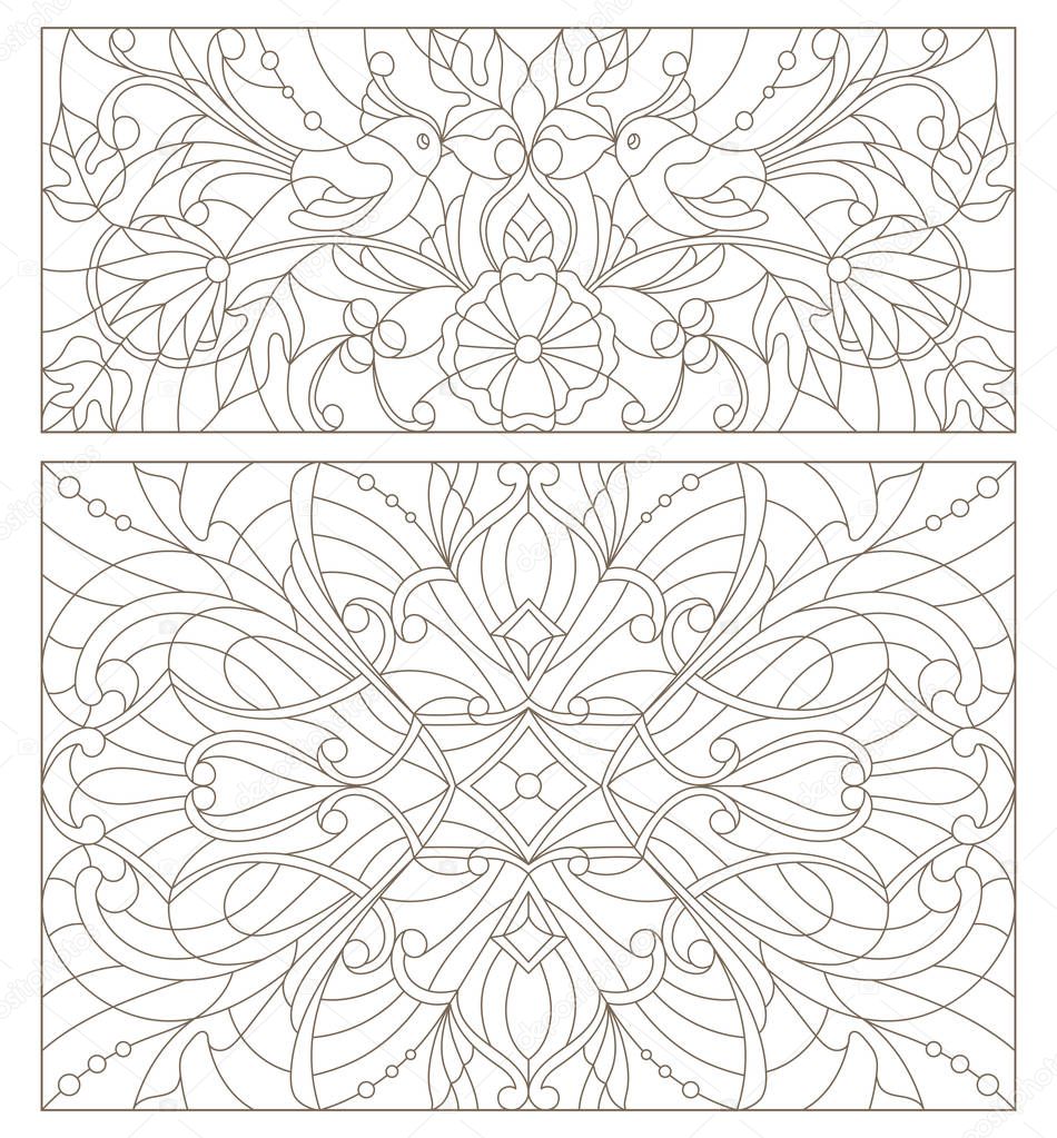 Set contour illustrations of stained glass with abstract swirls , flowers and birds horizontal orientation