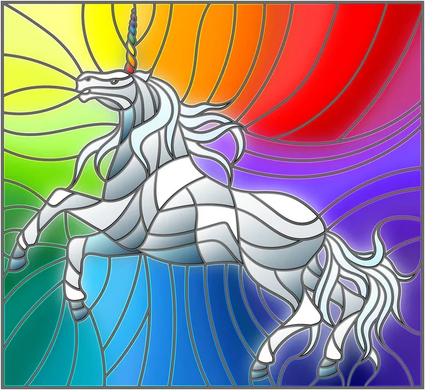 Ilustración en estilo vitral con unicornio blanco abstracto sobre fondo arcoíris — Vector de stock