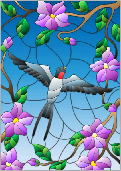 Illusztráció egy fecske, a háttér stílusban festett üveg, a kék ég és a virágzó fa ágai — Stock Vector
