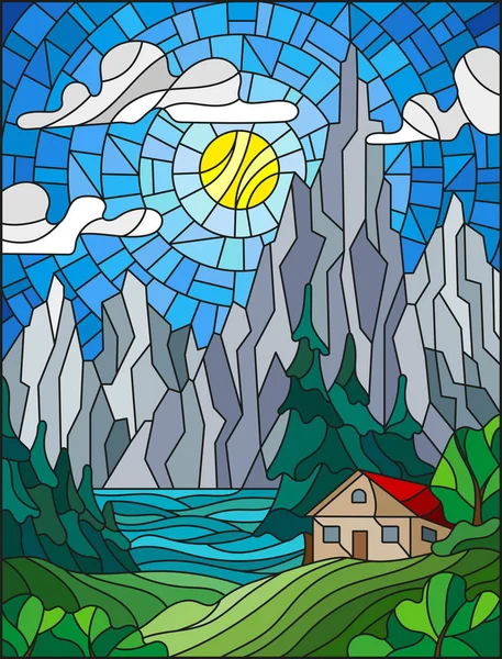 Ilustração em estilo vitral com uma casa solitária em um fundo de florestas de pinheiros, lagos, montanhas e céu ensolarado com nuvens —  Vetores de Stock