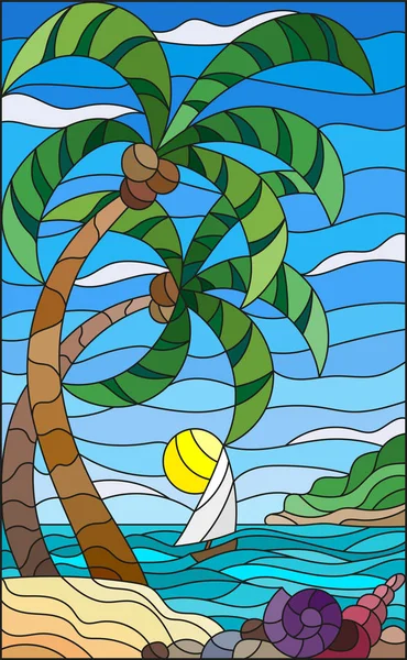 Ілюстрація у вітражному стилі з тропічним морем, пейзажем, кокосовими деревами та мушлями на піщаному пляжі, вітрильним човном з білим вітрилом на відстані на тлі сонячного неба та хмар — стоковий вектор