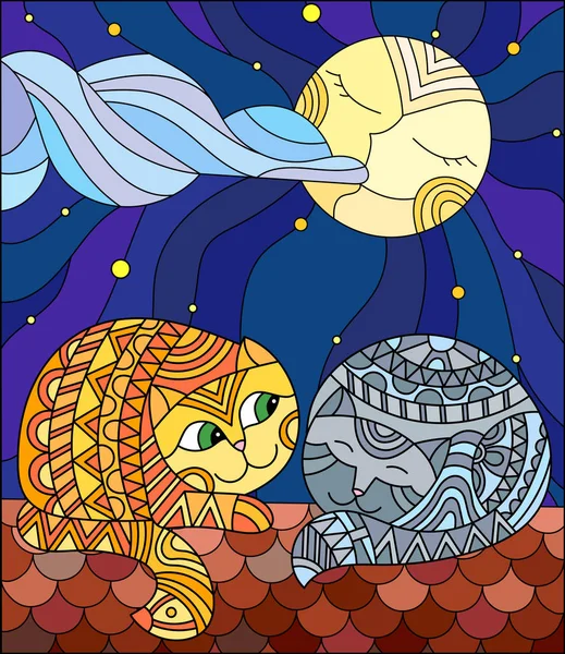 Пара кошек в витражном абстрактном стиле сидят на крыше на фоне звездного неба и луны — стоковый вектор