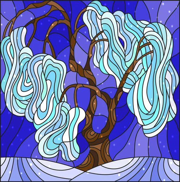 Ilustracja w stylu witrażu z zima drzewo na tle nieba z śniegu — Wektor stockowy
