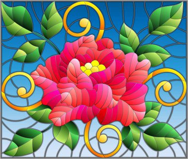 İllüstrasyon soyut Pembe çiçek, tomurcukları ve mavi bir arka plan üzerinde gül yaprakları ile vitray tarzında