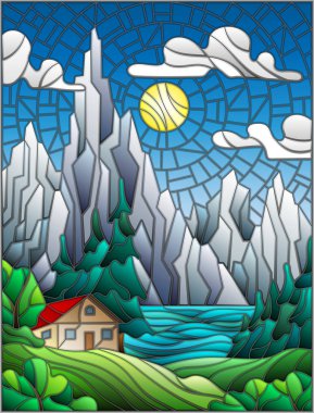 Illustration in stained glass style with a lonely house on a background of pine forests, lakes , mountains and day-Sunny sky with clouds clipart