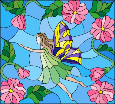 Illustration in stained glass style with a winged fairy in the sky, flowers and greenery clipart