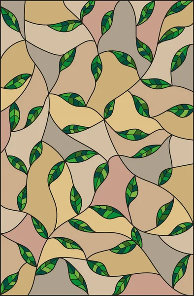 Illustration dans le style du vitrail avec des feuilles vertes sur un fond brun — Image vectorielle