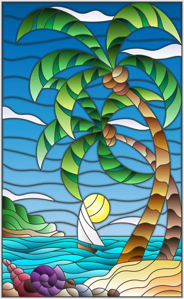 Illustration In Stained Glass Style With A Tropical Sea Landscape Coconut Trees And Shells On The Sandy Beach A Sailboat With A White Sail In The Distance On The Background Of Sunny