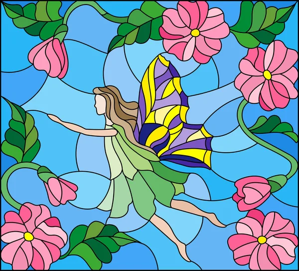 Illustration in stained glass style with a winged fairy in the sky, flowers and greenery — Stock Vector