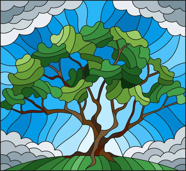 Illustration en style vitrail avec arbre sur fond de ciel nuageux — Image vectorielle