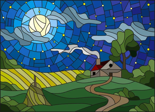 Ilustración en paisaje de estilo vidriera con una casa solitaria en medio del campo, la luna y el cielo estrellado — Archivo Imágenes Vectoriales