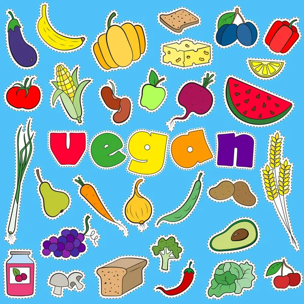 Eine Reihe einfacher Symbole Patches zum Thema Vegetarismus und vegane Beschriftung auf blauem Hintergrund — Stockvektor