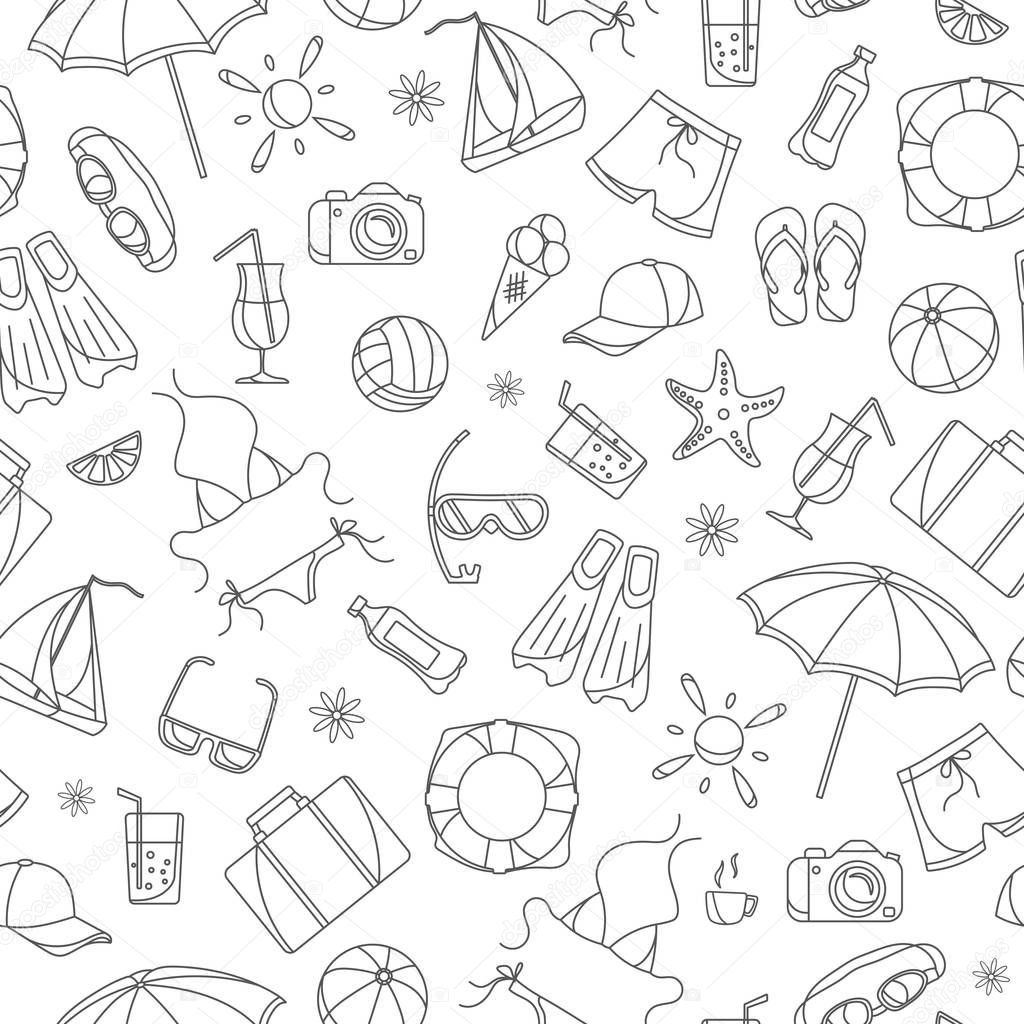 Seamless pattern on the theme of summer holidays in hot countries, simple dark contour icons on white background
