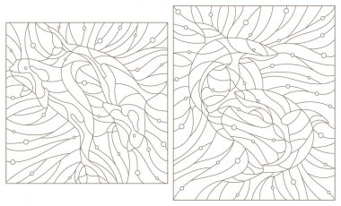 Su ve hava kabarcığının arka planında boyalı cam balinaların katil balinaların ve köpekbalıklarının çizimlerini yapın