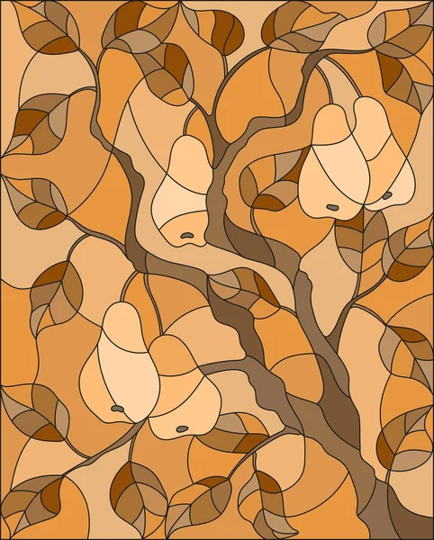 梨の木、フルーツ枝と反対、茶色、セピア色のトーンの葉の枝にステンド グラスの窓のスタイルの図 — ストックベクタ