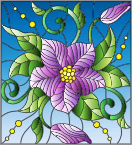 Illustration im Glasmalereistil mit abstrakten lila Blüten, Knospen und Blättern auf blauem Hintergrund — Stockvektor