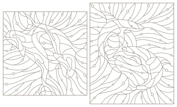 스테인드글라스 고래와 상어의 등고선 사진을 물 과 공기 거품의 배경 위에 세운다 — 스톡 벡터