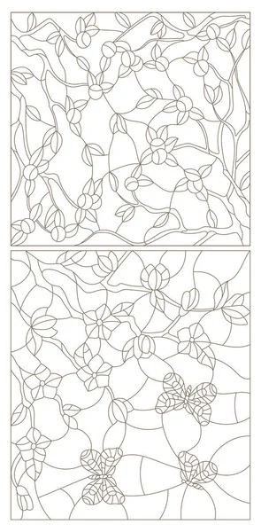 Conjunto de ilustraciones de contorno de vidrieras de ramas de manzana y flores de cerezo y mariposas — Vector de stock