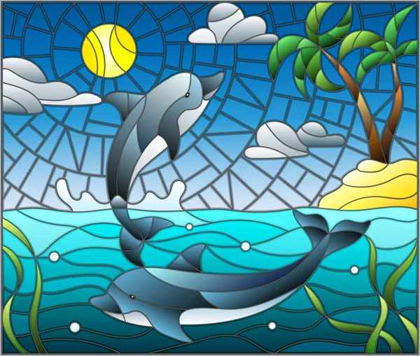 Ilustración en estilo vitral con un par de delfines sobre el fondo de agua, nubes, cielo, sol e islas con palmeras — Vector de stock